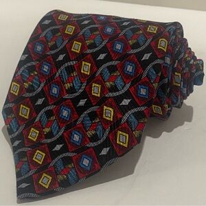 Brioni Roma 100% Silk Necktie Italy Luxury Designer Geometric Red Blue Gold